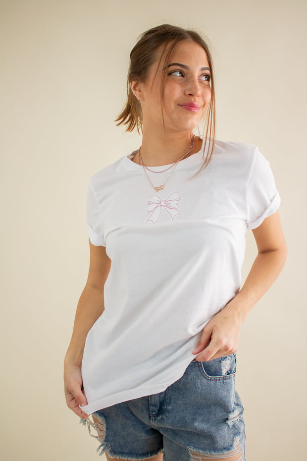 Embroidered Bow Graphic Tee White