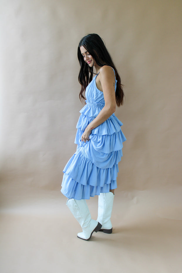 Riley Tiered Ruffle Midi Dress Blue