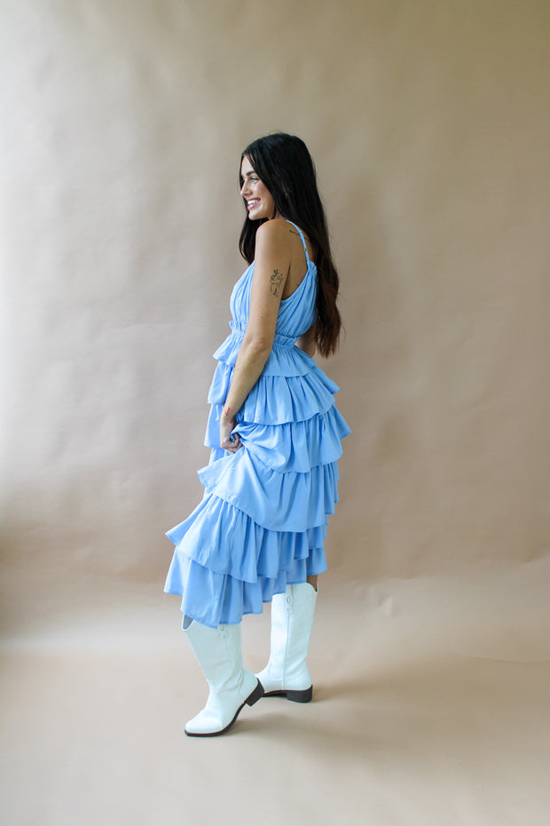 Riley Tiered Ruffle Midi Dress Blue