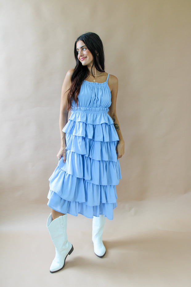 Riley Tiered Ruffle Midi Dress Blue