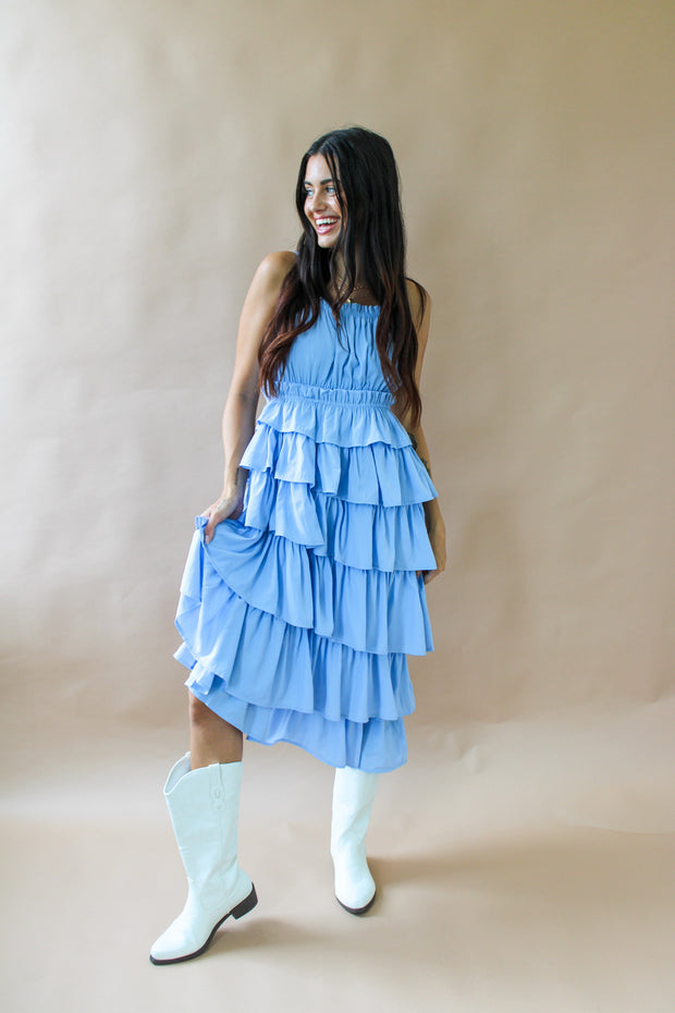 Riley Tiered Ruffle Midi Dress Blue