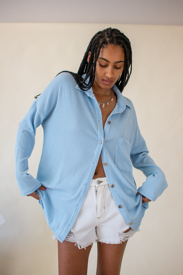 Brooke Ribbed Button Up Top Blue