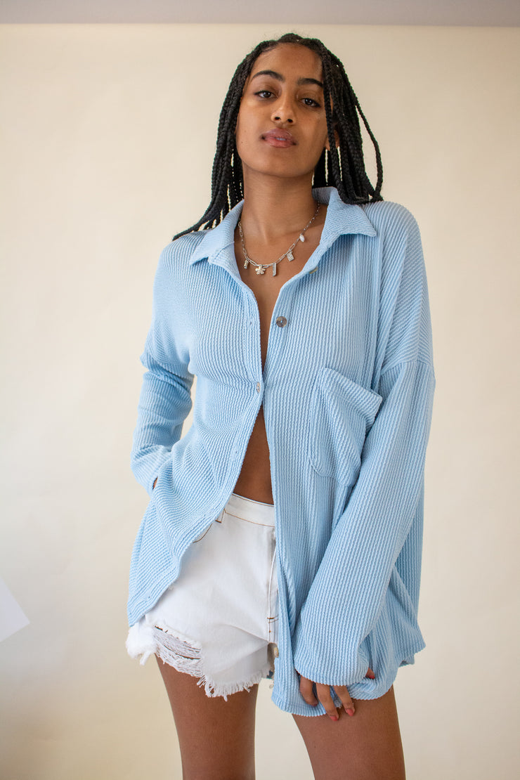 Brooke Ribbed Button Up Top Blue