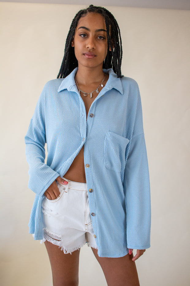 Brooke Ribbed Button Up Top Blue