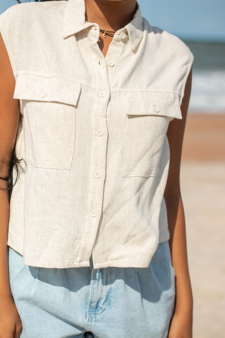 Blake Linen Button Down Top Oat
