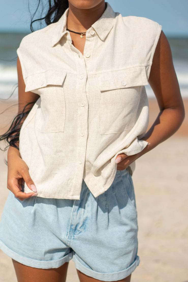 Blake Linen Button Down Top Oat