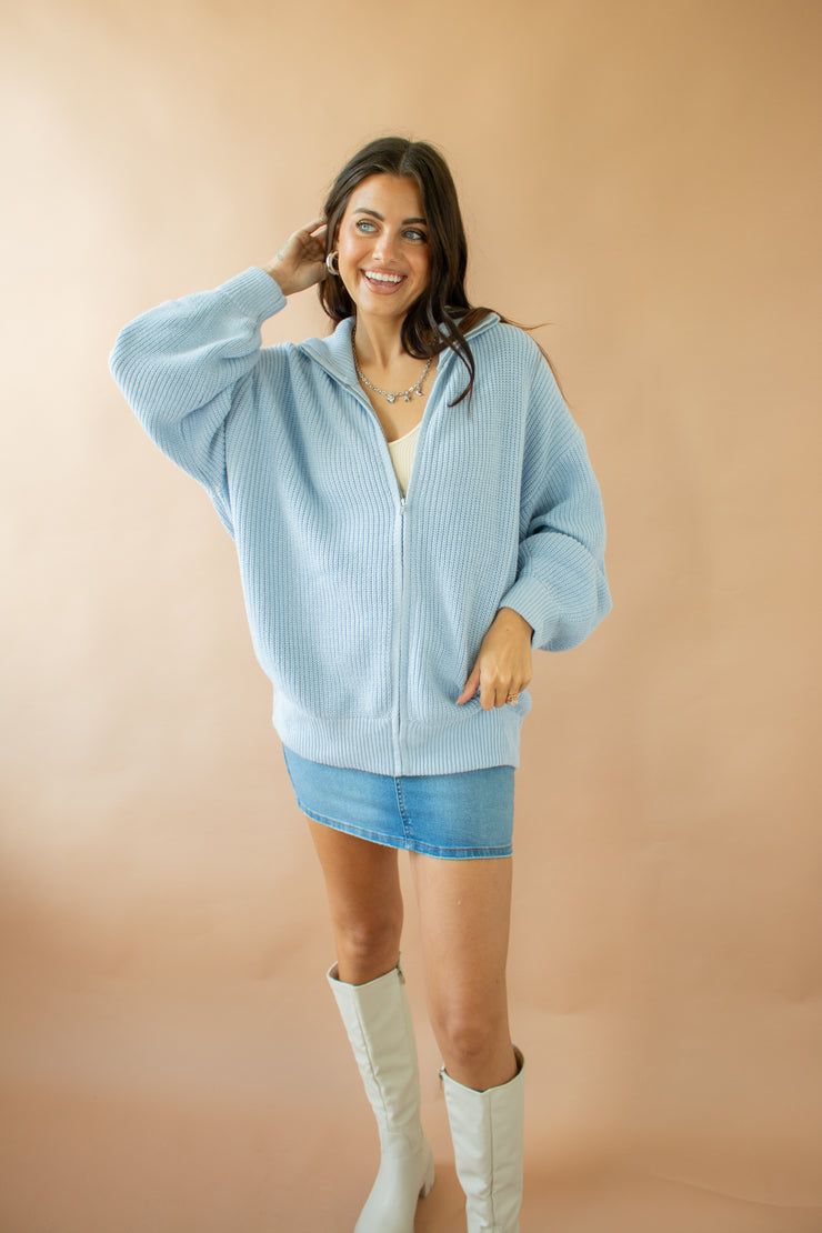 Jones Zip Front Sweater Baby Blue