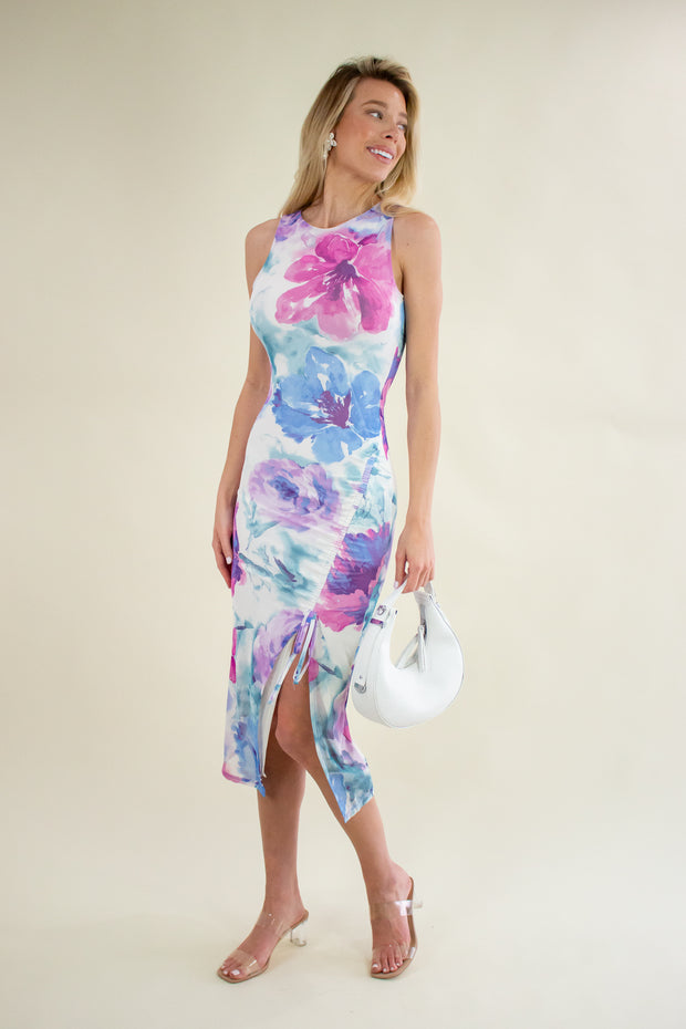 Libby Ruched Floral Midi Dress Blue