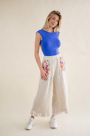 Sia Floral Embroidery Linen Pants Oatmeal