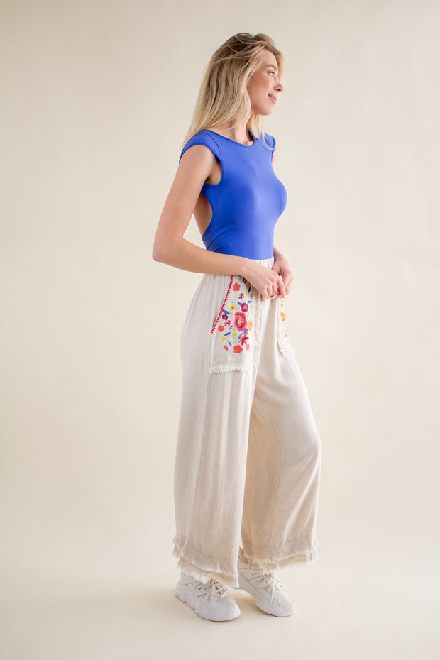 Sia Floral Embroidery Linen Pants Oatmeal