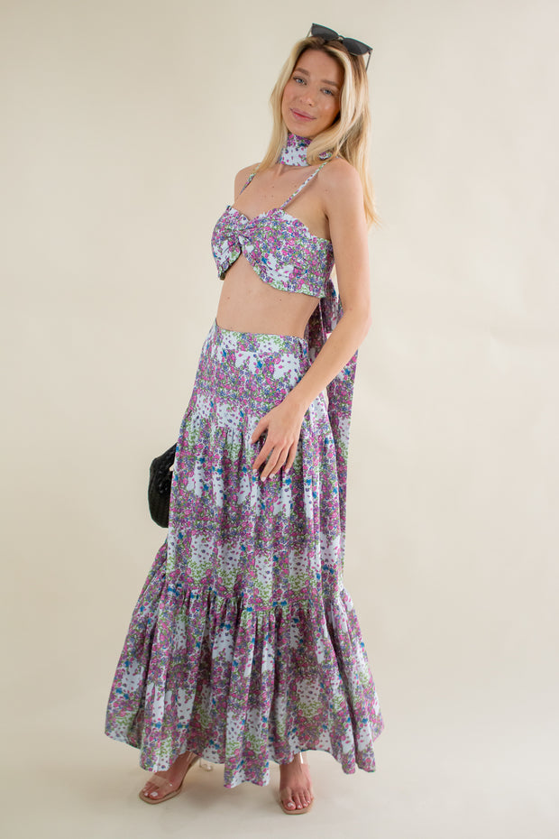 Ash Floral Maxi Skirt Baby Blue
