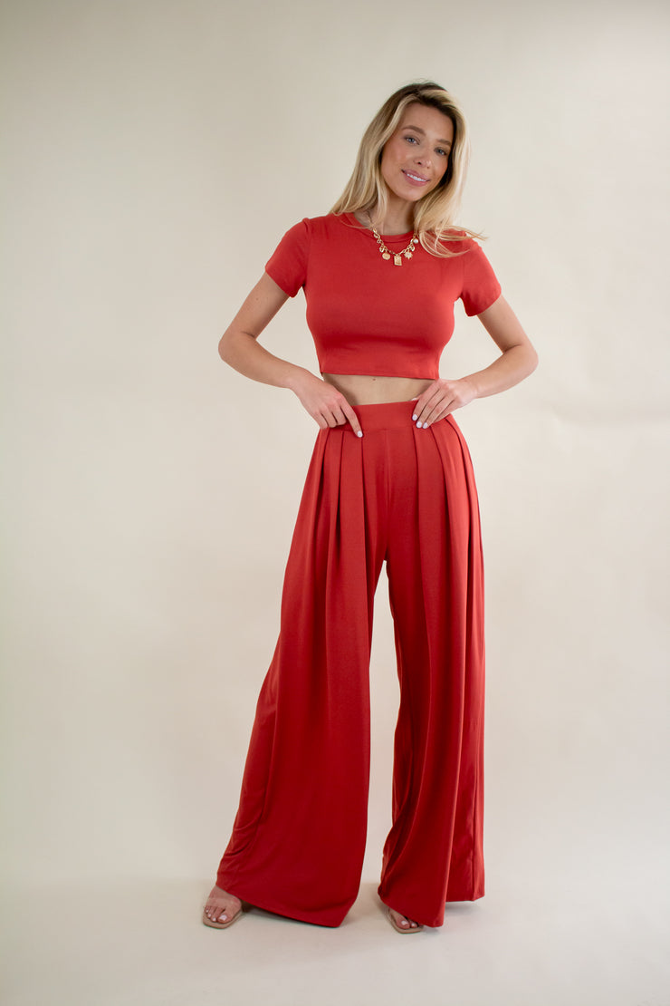 Brandy Pleated Wide Leg Pants Rust