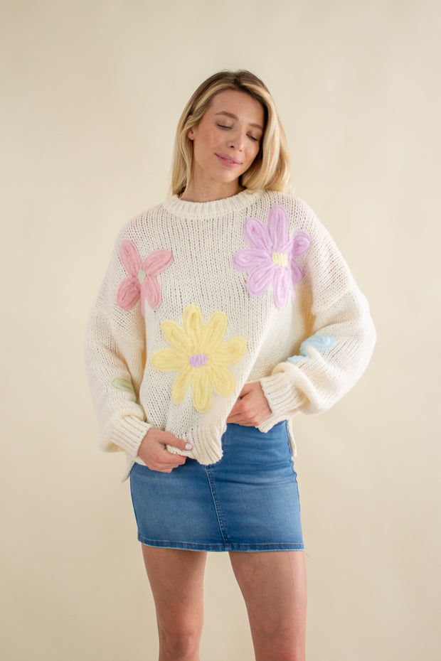 Zane Flower Knit Sweater Ivory