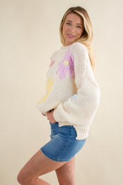 Zane Flower Knit Sweater Ivory