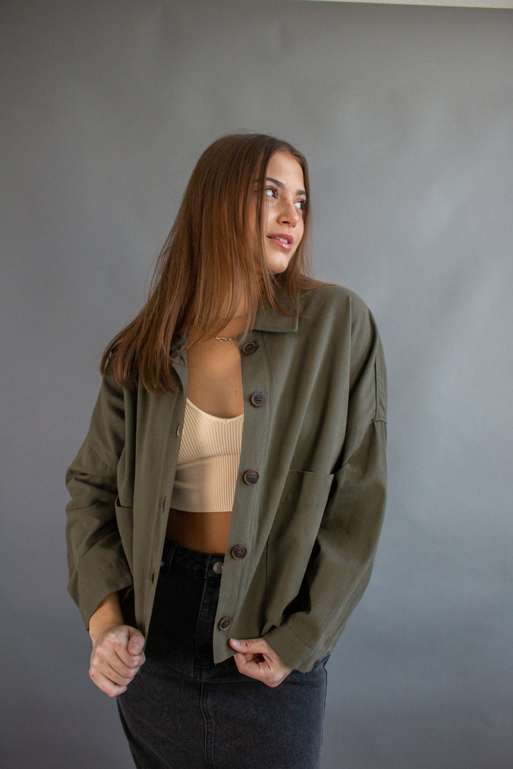 Sweet Fling Cropped Shacket Olive