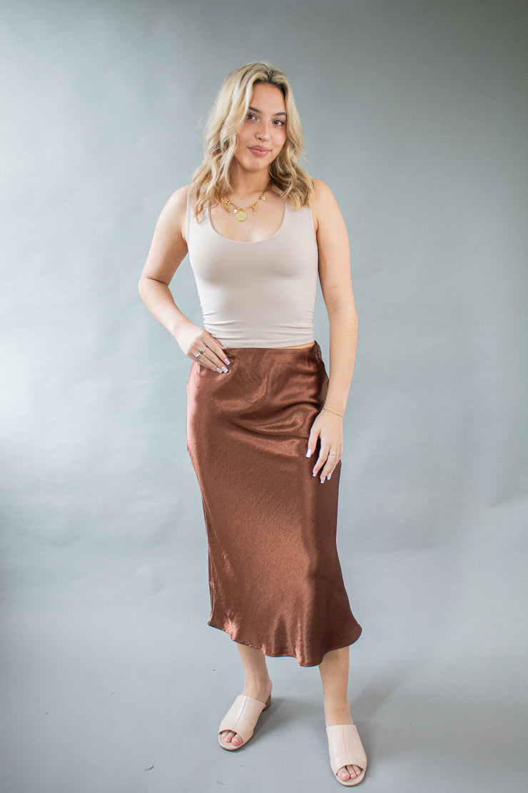 Piper Satin Midi Skirt Brown