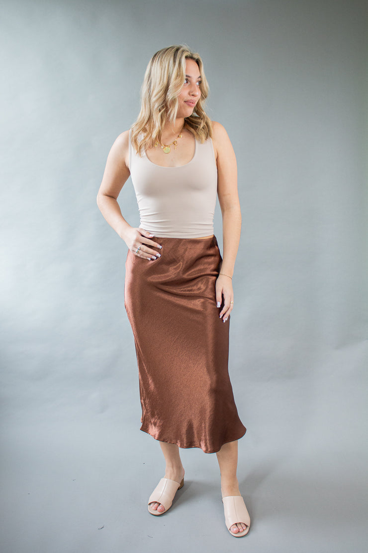 Piper Satin Midi Skirt Brown