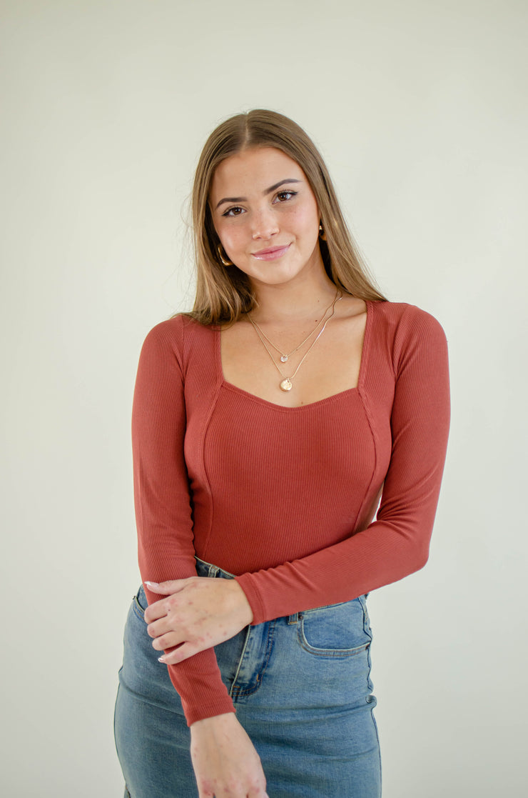 Dani Square Neck Bodysuit Brick