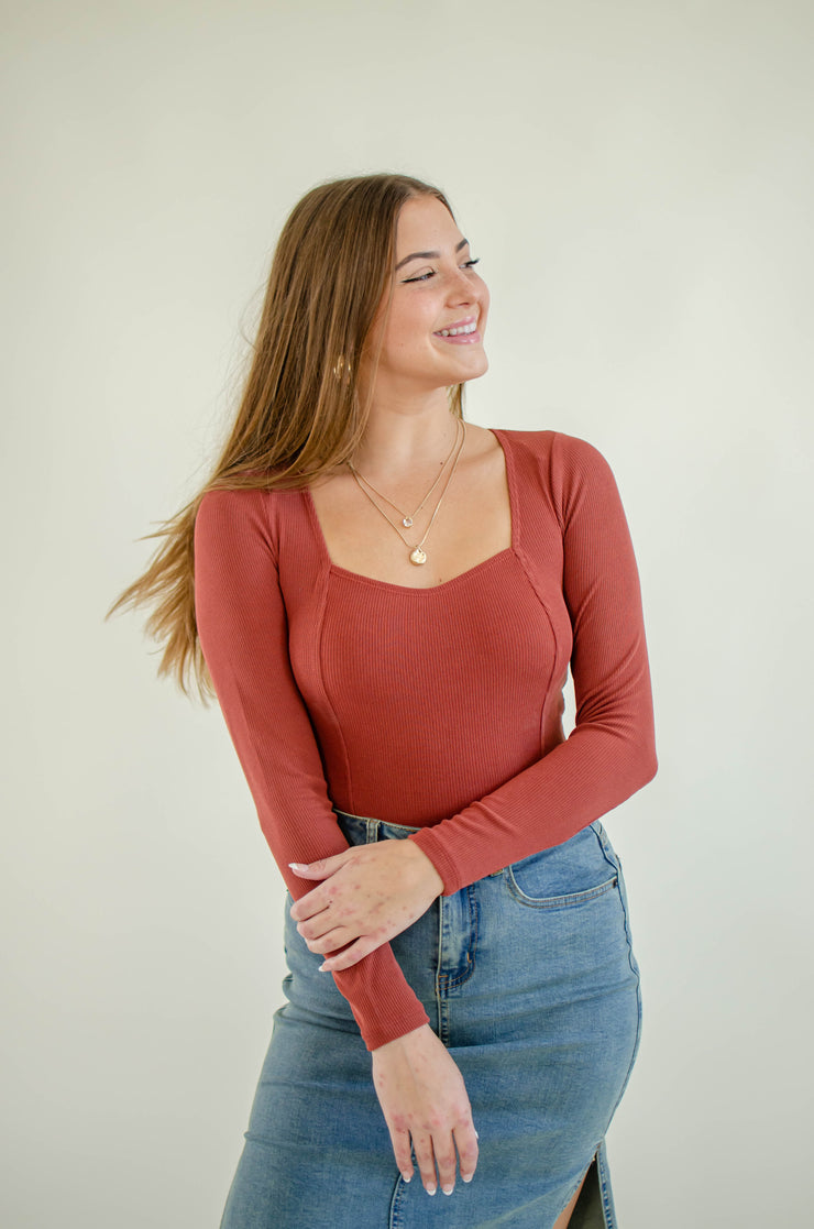 Dani Square Neck Bodysuit Brick