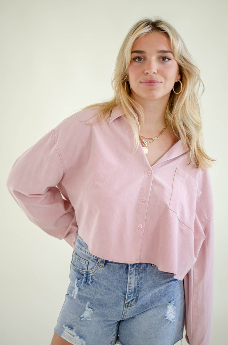 Carrie Denim Button Up Top Pink