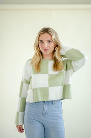 Priscilla Checkered Knit Top Sage
