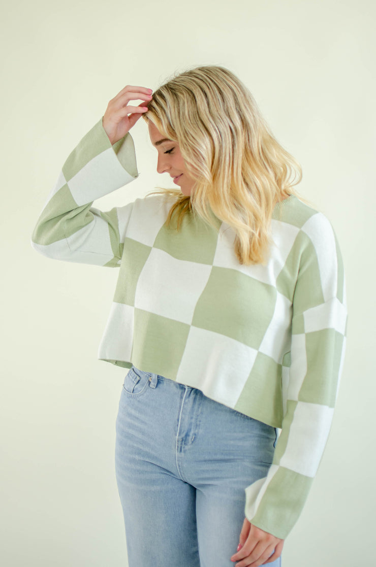 Priscilla Checkered Knit Top Sage