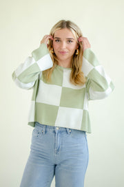 Priscilla Checkered Knit Top Sage
