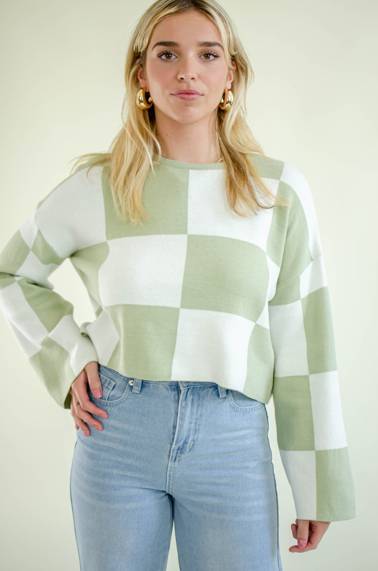 Priscilla Checkered Knit Top Sage