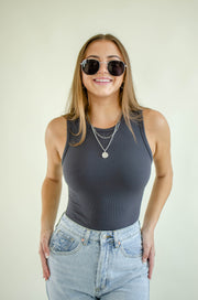 Nita Ribbed Tank Bodysuit Charcoal