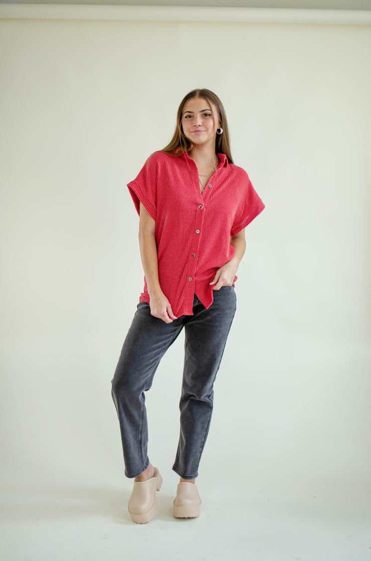 Claire Button Down Top Red