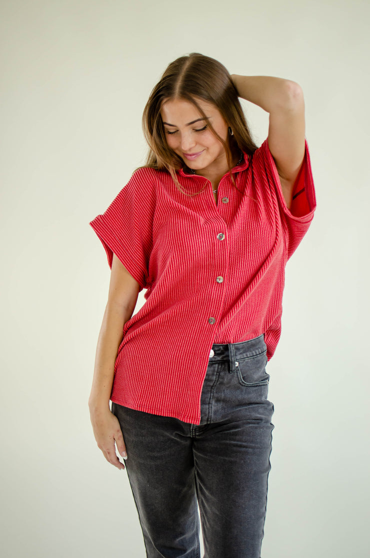 Claire Button Down Top Red
