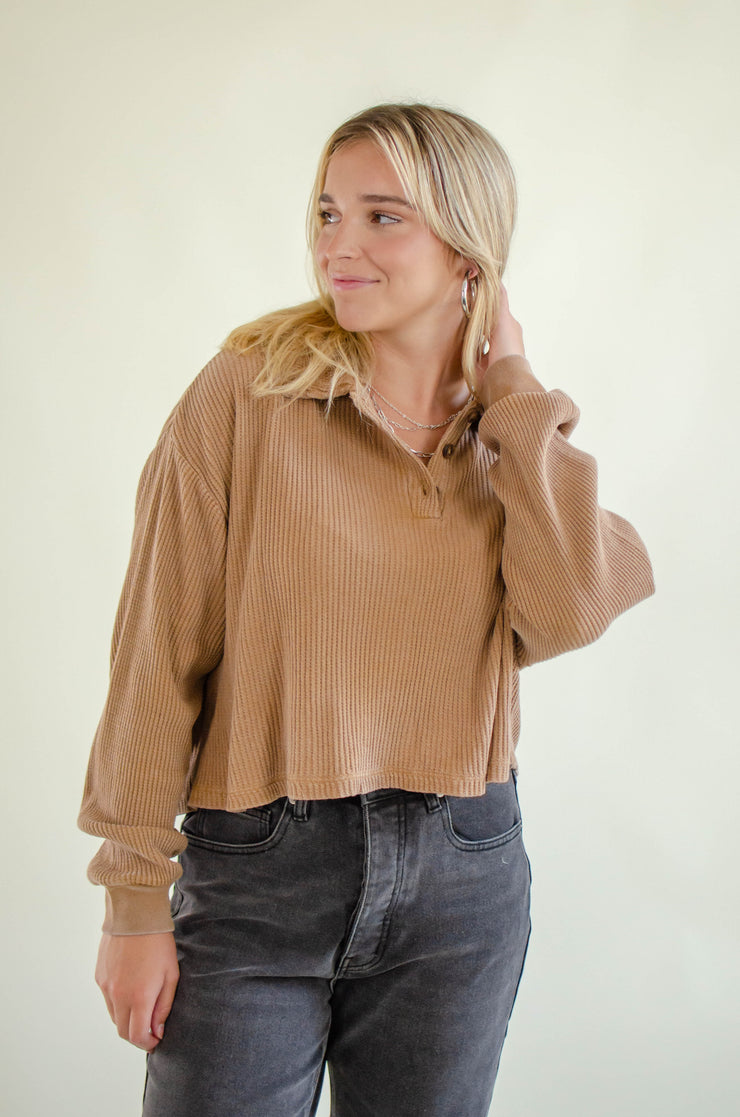 Ileana Collared Waffle Knit Top Taupe