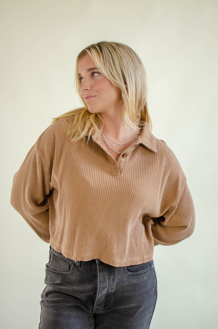 Ileana Collared Waffle Knit Top Taupe