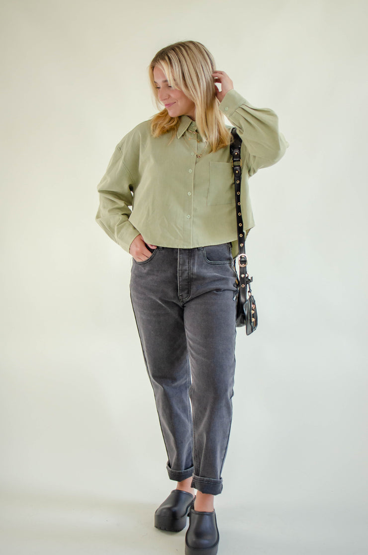 Carrie Denim Button Up Top Sage