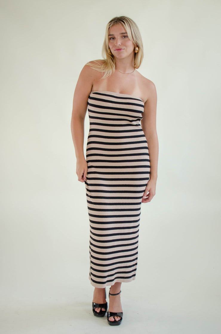 Kels Striped Midi Dress Taupe