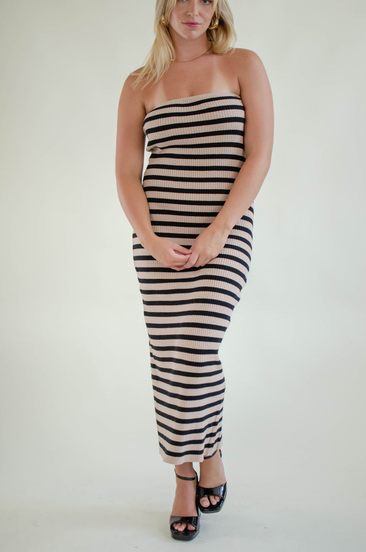 Kels Striped Midi Dress Taupe