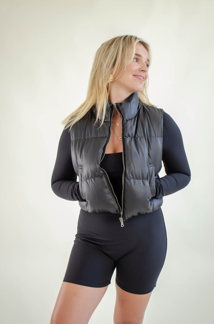 Tamar Leather Puffer Vest Black