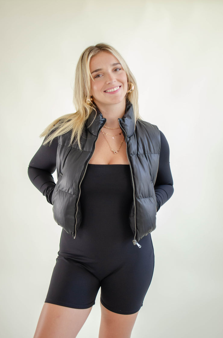 Tamar Leather Puffer Vest Black