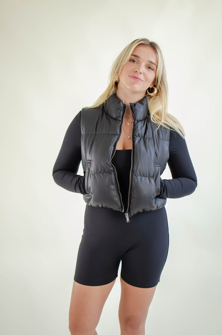 Tamar Leather Puffer Vest Black