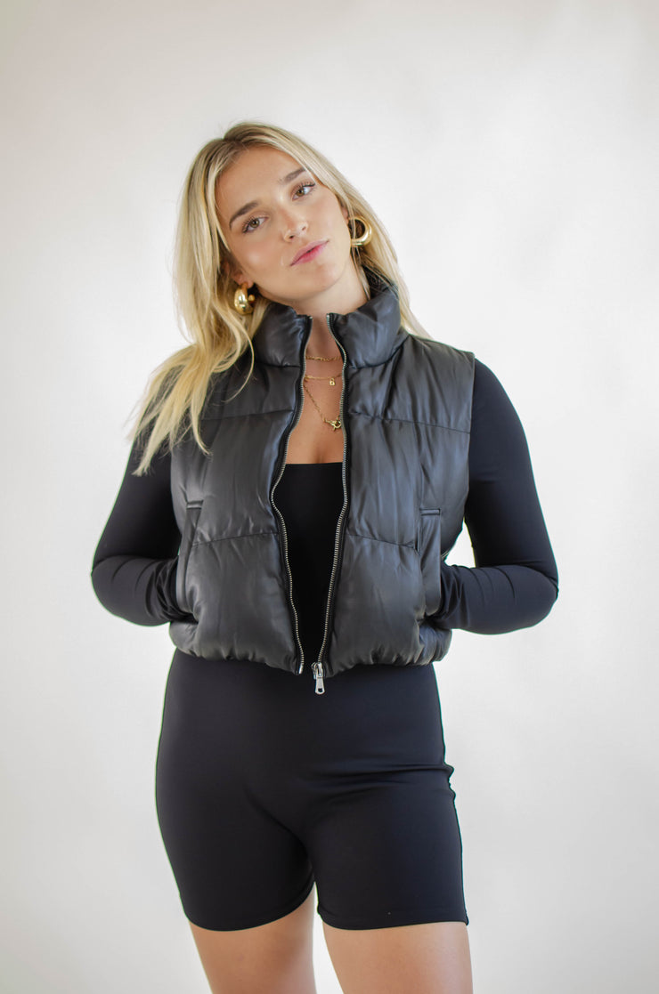 Tamar Leather Puffer Vest Black
