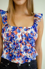 Kass Ruffle Floral Tank Top Blue