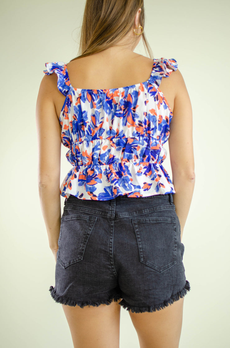 Kass Ruffle Floral Tank Top Blue
