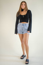Ira Henley Crochet Crop Top Black