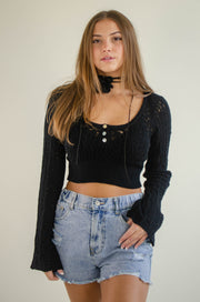 Ira Henley Crochet Crop Top Black