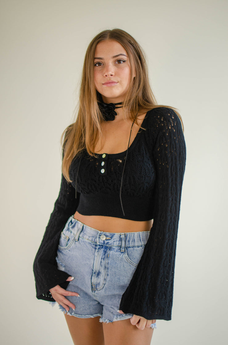 Ira Henley Crochet Crop Top Black