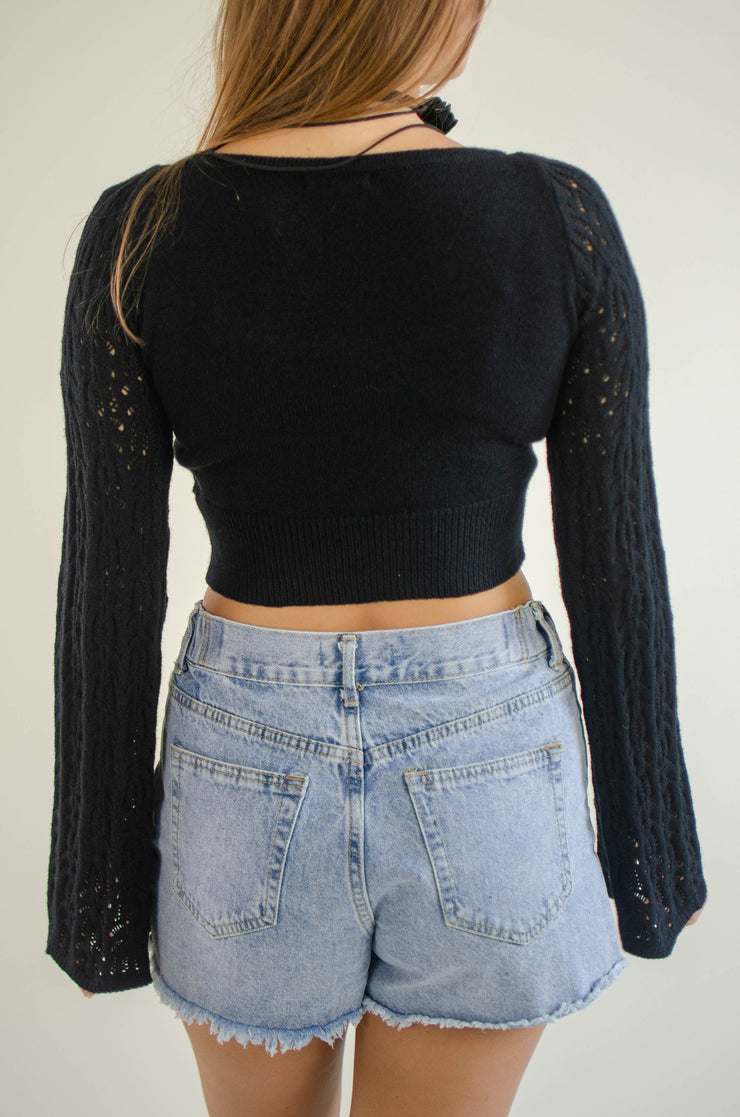 Ira Henley Crochet Crop Top Black