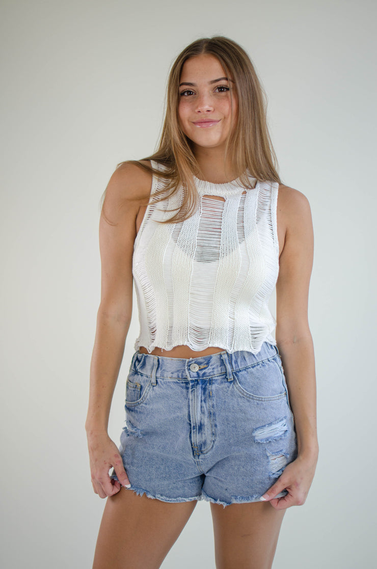 Jaylani Ladder Knit Top White