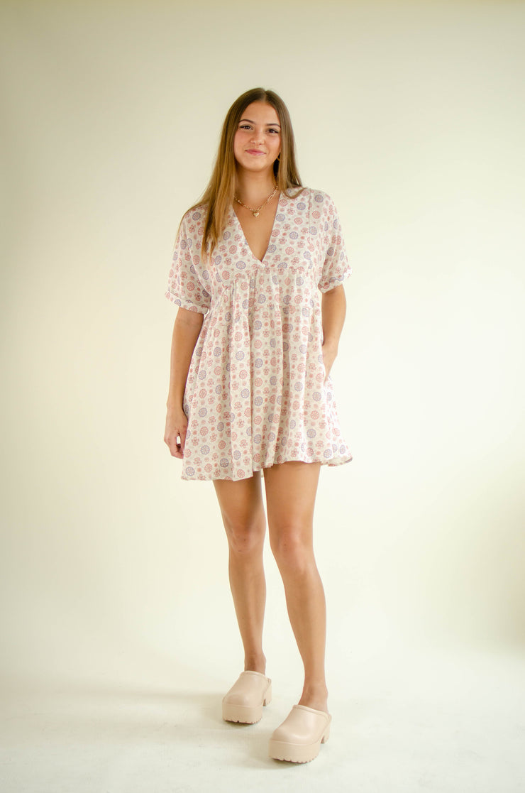 Bea Linen Print Mini Dress Oatmeal