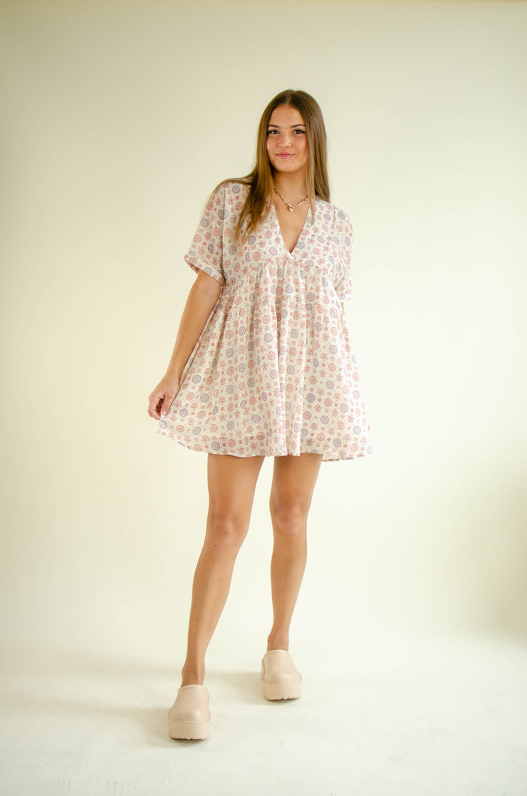 Bea Linen Print Mini Dress Oatmeal