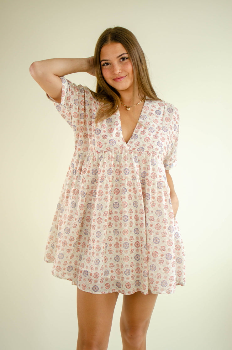 Bea Linen Print Mini Dress Oatmeal